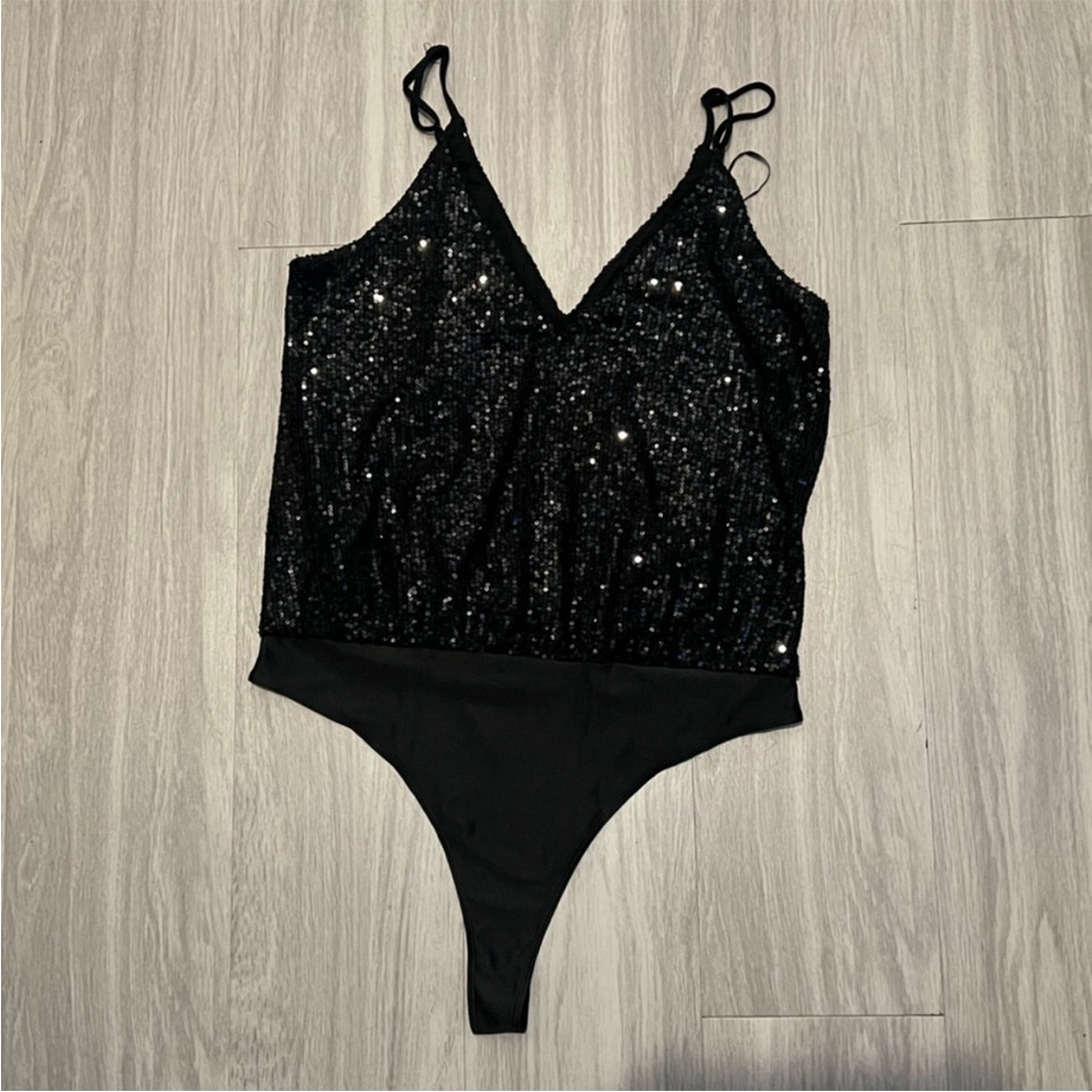 Sincerely Jules Black Sequin Bodysuit Large Sparkly Wrap Cami Party Night - Picture 2 of 4